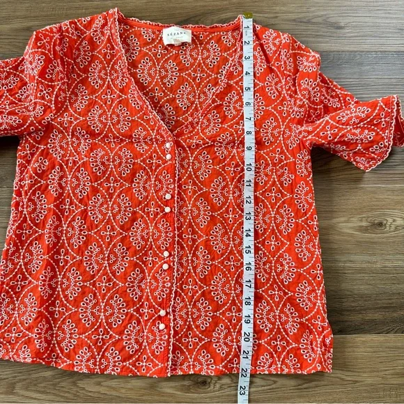 Sezane Antika Blouse Ecru On Coral 38 Fr US 6 Embroidered Button V-Neck Eyelet - Picture 9 of 11